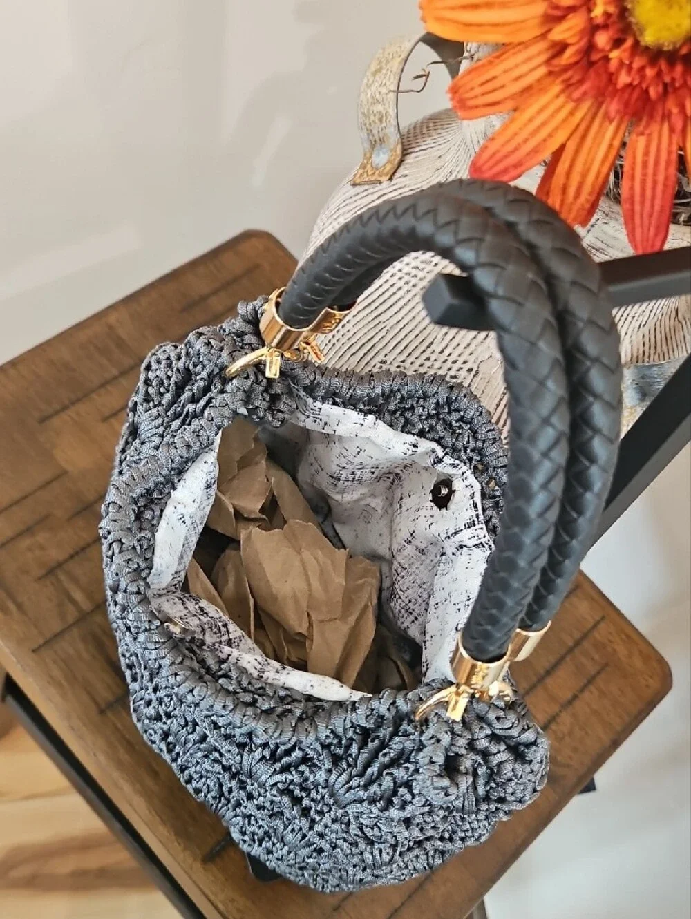 Hand Crocheted Gray Bag with Gold And Black Accents - Picture 2 of 4